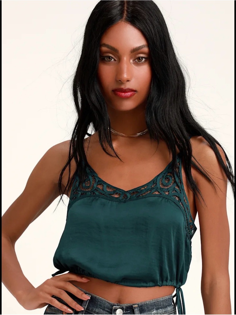 Free People Teal Satin Lace-Trim Camisole